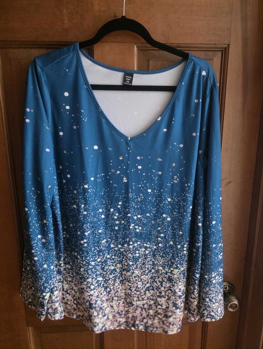 Blue V-Neck Long Sleeve Top with Speckled Print
